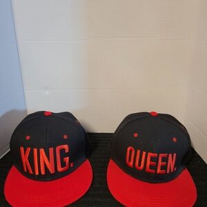 KING. and QUEEN. Black & Red Snapback Hats (Pair)